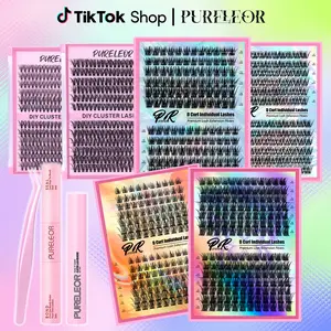 PURELEOR Cluster Lashes Kit DIY at Home False Eyelashes Individual Lash Clusters 10-16mm D-Curl Eyelash Extensions Volume Cat Manga Eyes Style Natural Look Soft Gift for Valentine's Day Lover