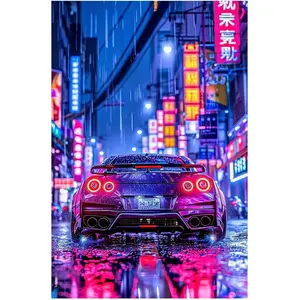 Neon Retro JDM Car Poster – A Vibrant Supercar Canvas Art Featuring Japanese Import Styling with Glowing Accents, Designed as a Bold Personality Decor for Garages, Bedrooms, or Automotive Enthusiast Spaces.