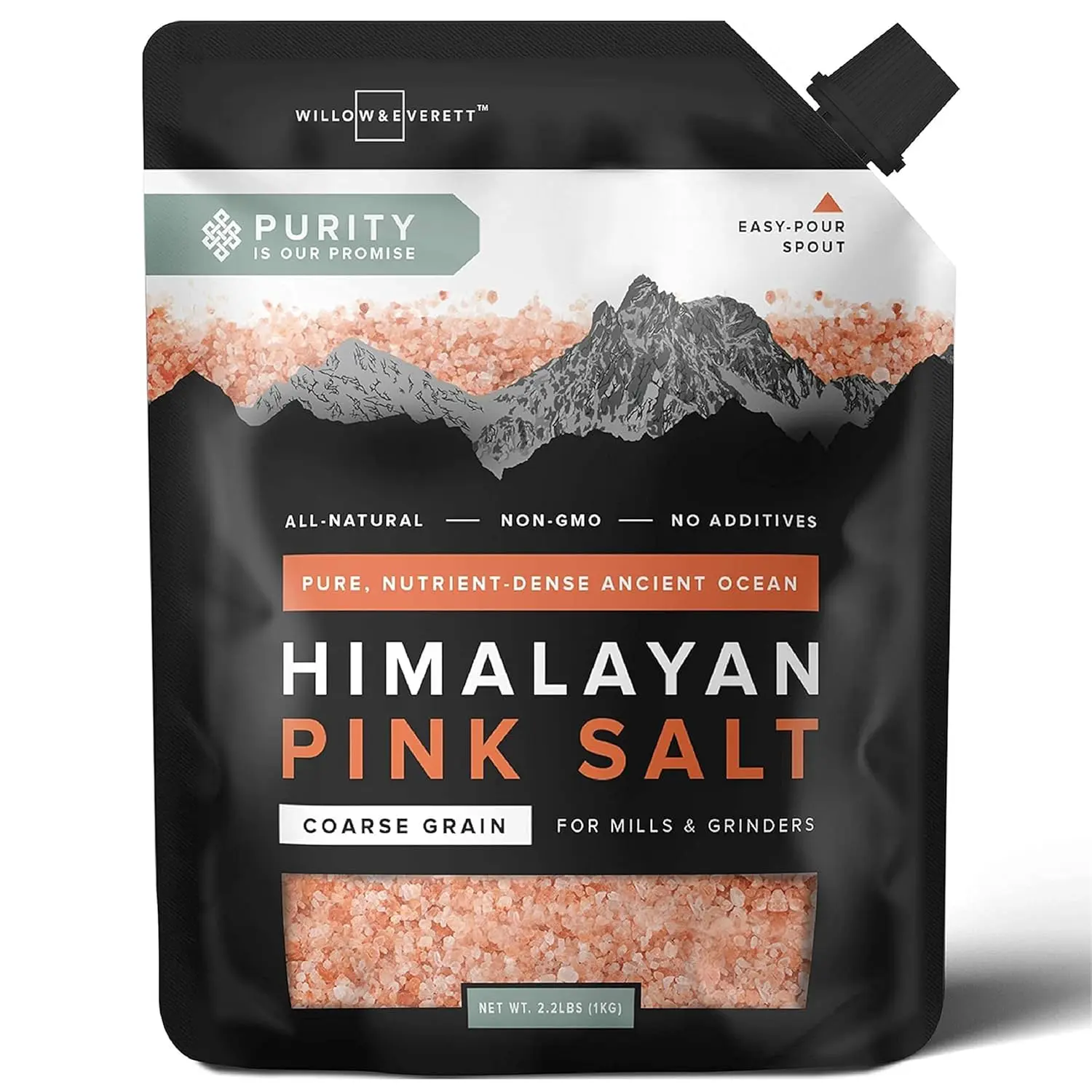 Willow & Everett Himalayan Pink Salt – Coarse Grain for Grinder/Mill Refill – Easy Pour Spout - Non-GMO Kosher Rock Salt for Cooking - 2.2 lb / 1 kg
