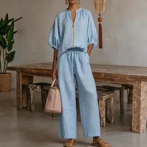 Summer Women's 2 Piece Linen  Lounge Set Quarter-Zip Pullover Top&Wide Leg Pants, Casual Sweatsuit TikTok Made Me Buy It tiktokshopspringglowup#SummerVibes #TikTokShopDealsforYouDays