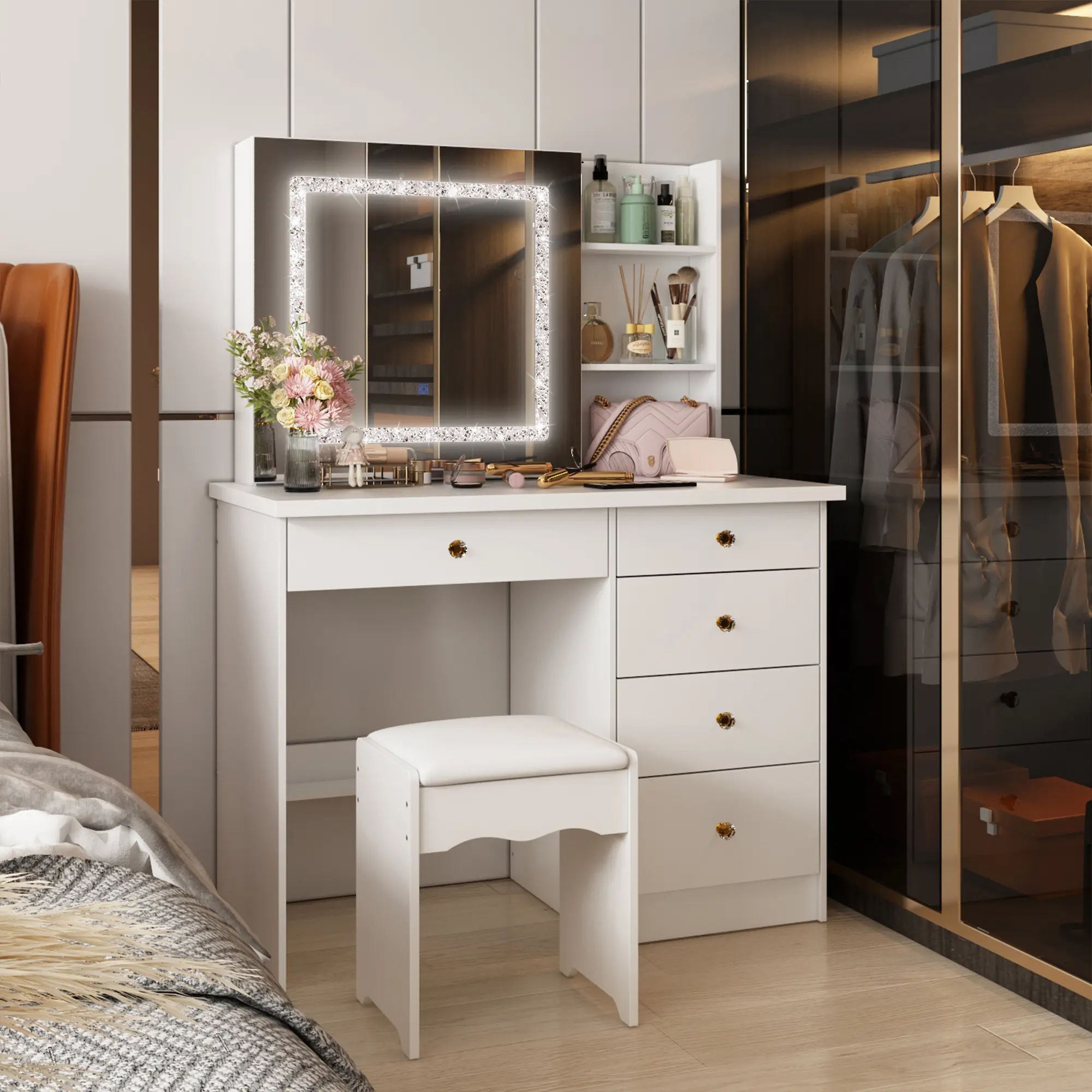 FUFU&GAGA Upgrade Large Vanity Set with 1 Diamond Shine Lighted Mirror 1 Dresser Desk 3 Open Shelves 5 Drawers 1 Cushioned Stool Set Makeup Vanity for Bedroom Elegant White Cabinet Furniture