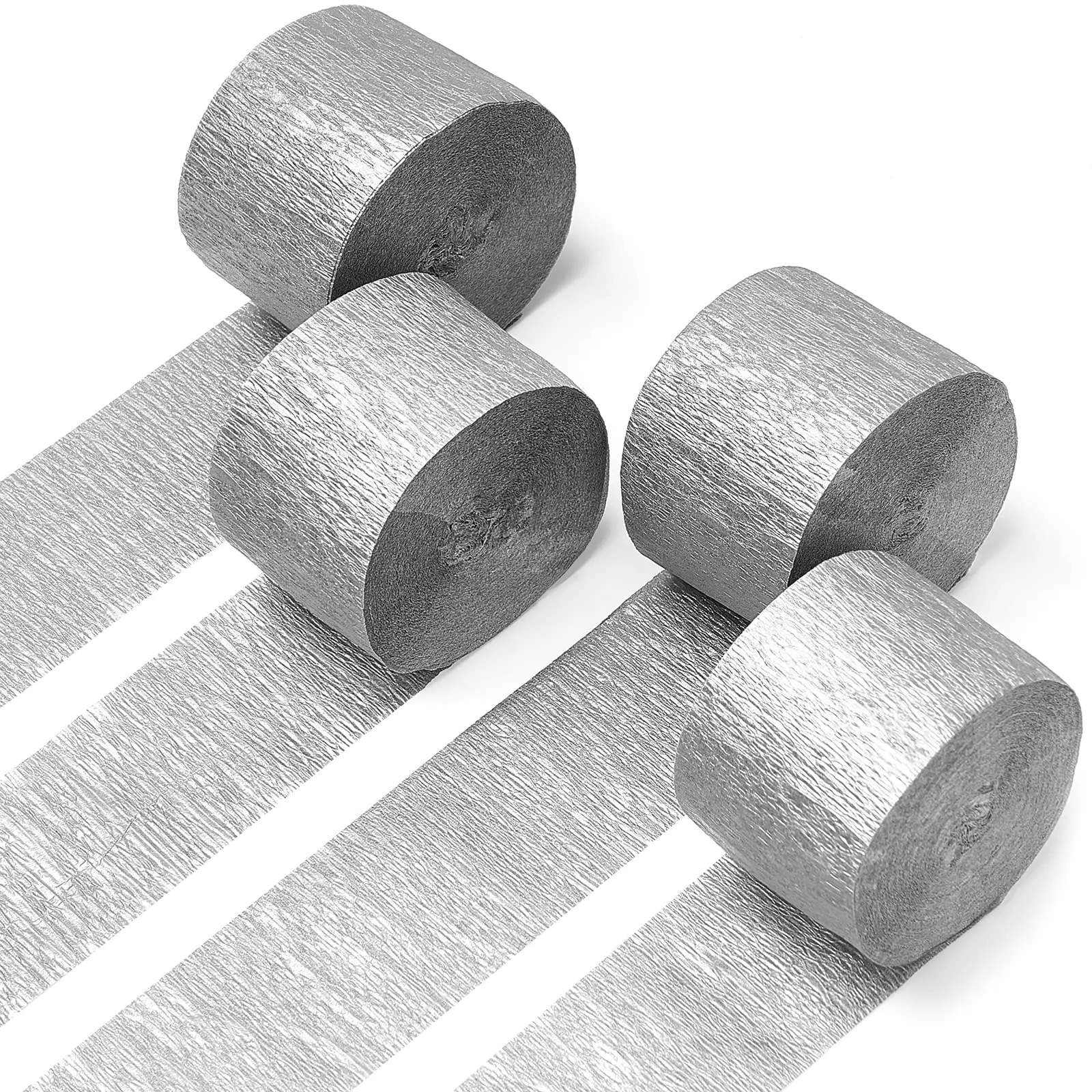 PartyWoo Flexible Silver Crepe Paper Streamers, 4-Piece 328ft Pack (82ft Long Each, 1.8 Inches Wide, 30% Thicker), Festive Decorating Supplies for Weddings, Birthdays - Ideal for Windows, Doors, Walls, Fireplaces