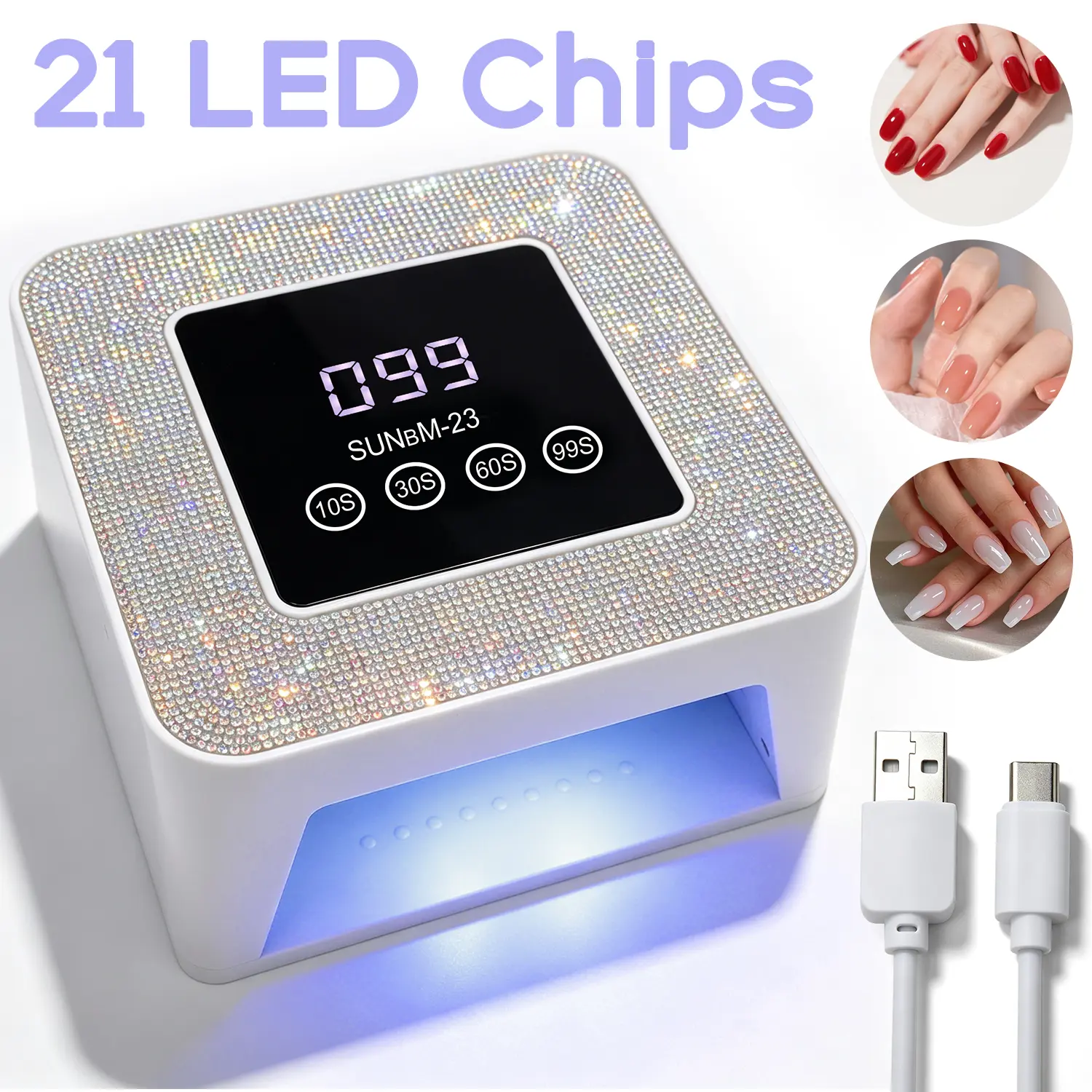SUNBM-23 Rhinestone UV LED Nail Lamp, 21 Dual Wavelength LED Chips Gel Nail Dryer with HD Touch Screen, Infrared Auto Sensor, 4 Timer Settings & Pain-Free Low Heat Mode, Removable Base Tray for Manicure Pedicure Home Salon Use