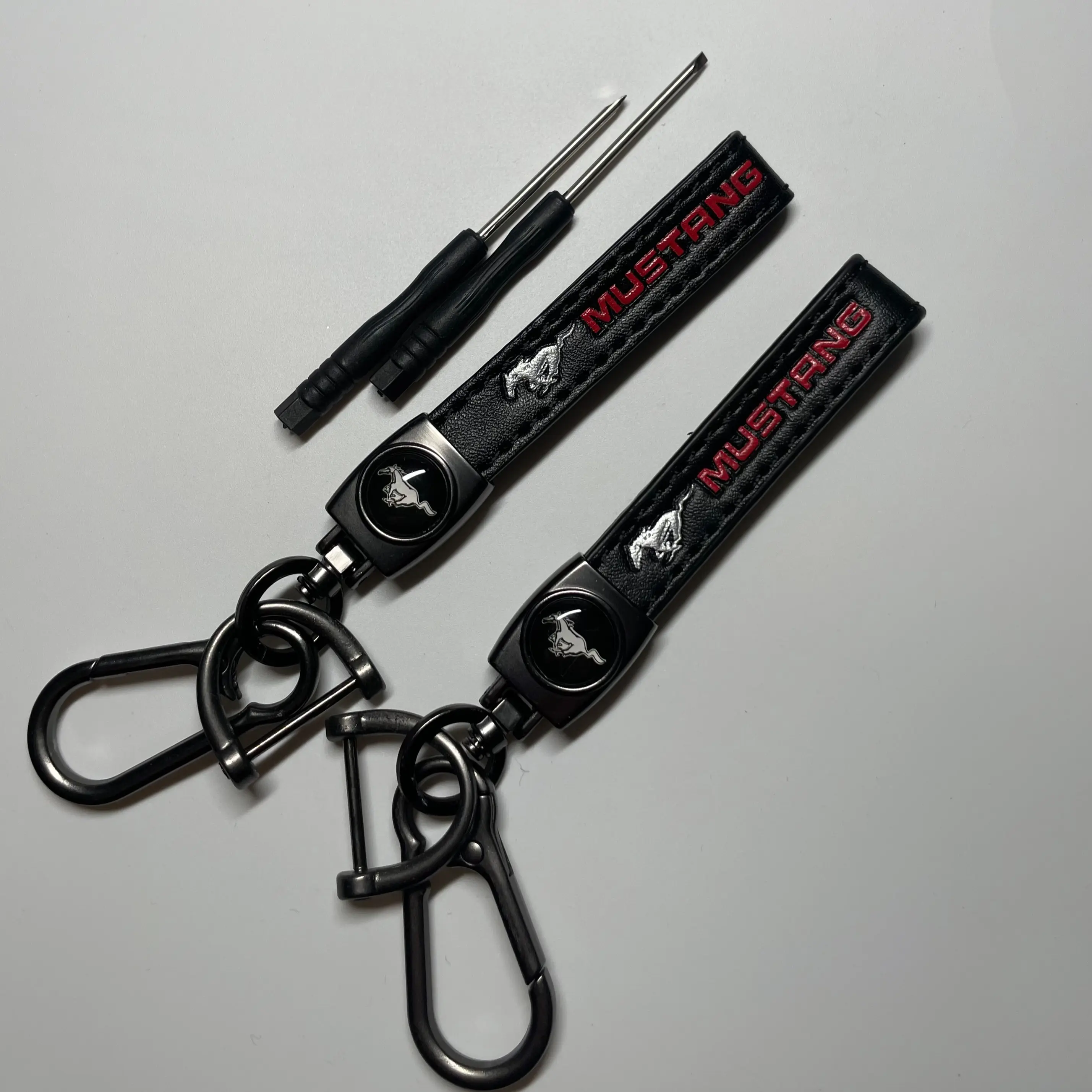 Genuine Leather Black/Red Car Keychain Set for Mustang Key Ring Lanyard Accessories-LOT OF 2