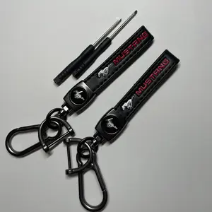 Genuine Leather Black/Red Car Keychain Set for Mustang Key Ring Lanyard Accessories-LOT OF 2