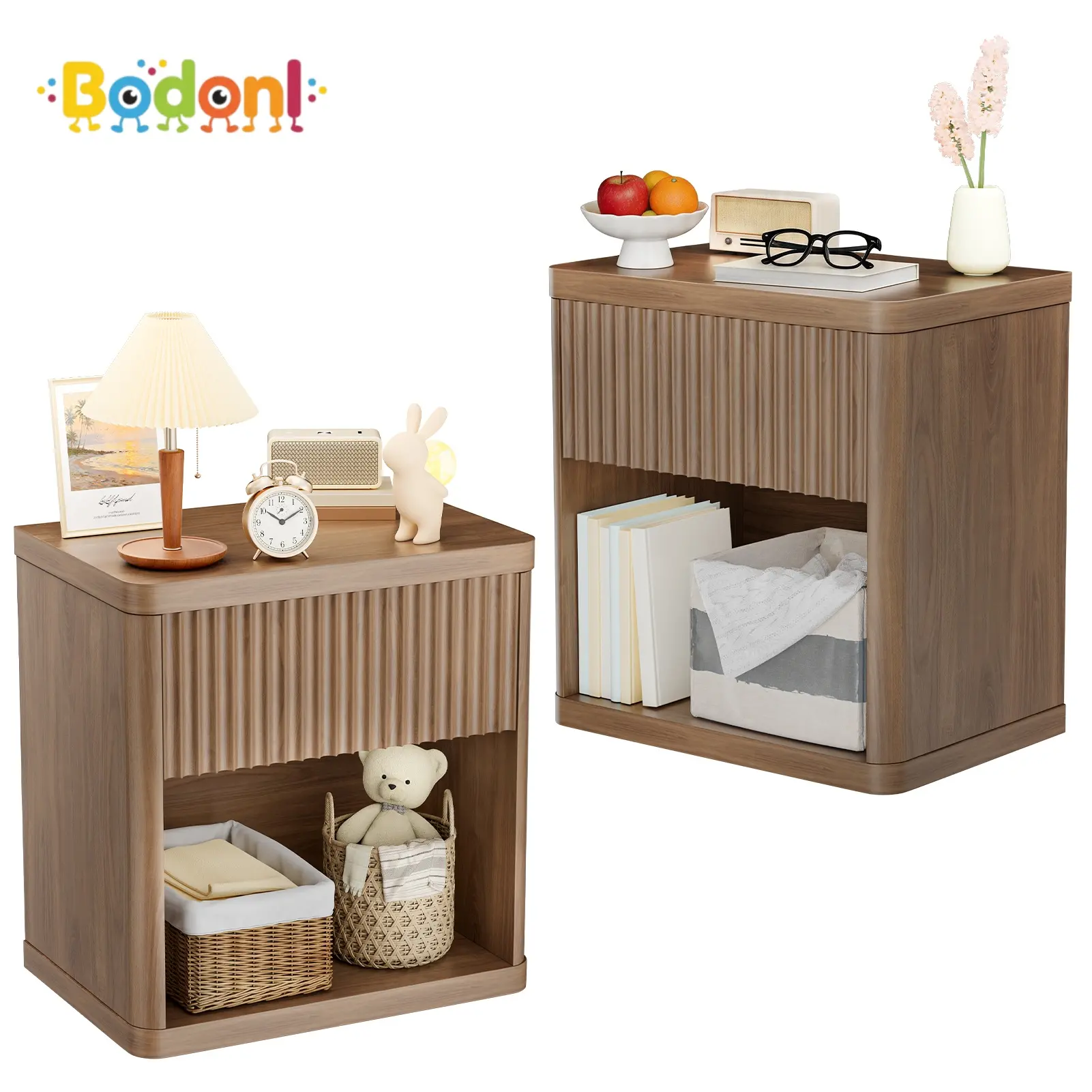 Bodonl Fluted Nightstand, Bedside Table with Storage Drawer & Open Compartment, Curved Corners, Modern Side Table for Bedroom, Small Spaces