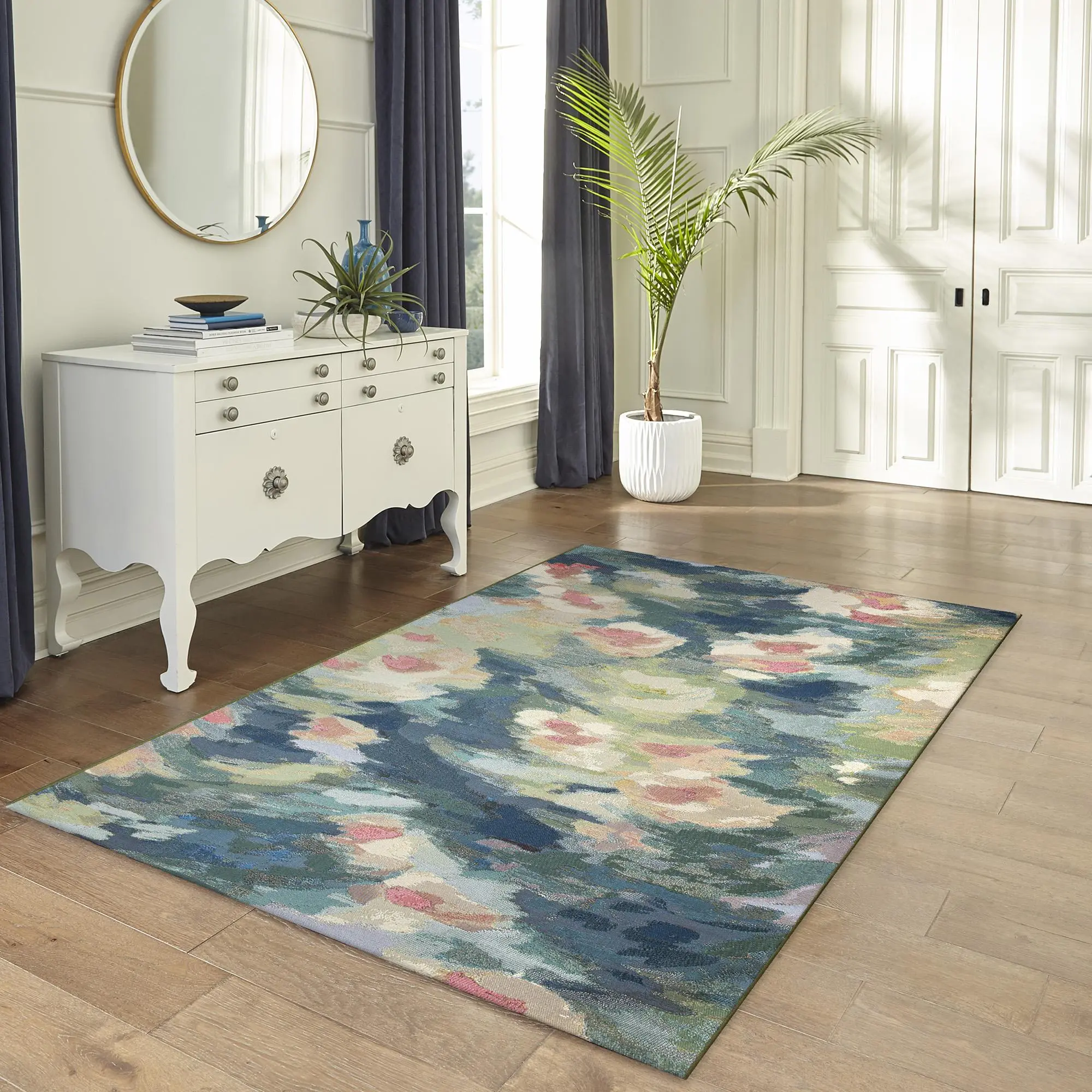 Lush Decor MARINA Low Profile Blue-Themed Area Rug - Power Loomed Synthetic Blend, Durable, Fade Resistant, Decorative Textured Abstract Watercolor Pond - Indoor/Outdoor, Bathroom, Contemporary Graphic Casual Decor