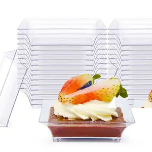 50pcs Mini Size Square Plastic Dessert Plates- Clear, Disposable,Perfect for Appetizers, Sauces, and Tastings, Ideal for Holidays like Party Halloween, Christmas, Easter, and Thanksgiving, Transparent Plastic Plates