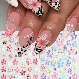 2 Pcs Spring Summer Hibiscus Frangipani Flower 3D Nail Stickers, Blue Cute Mopane Tropical Flowers Nail Decals, DIY Nail Art Decorations