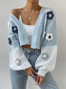 Women's Floral Patchwork Knit Cardigan, V Neck Single Button Bubble Sleeve Design Fitted, Casual Spring Fall Streetwear Top