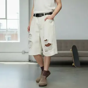 Men's Cream White Plain Baggy Denim Jorts - Heavy Distressed Ripped, Wide Leg Oversized Skater Style, Cotton with Suede Accents, Y2K Menswear Jeans, Summer Top-Inspired Stylish Summer Clothes,men s jeanshorts,loose denim short