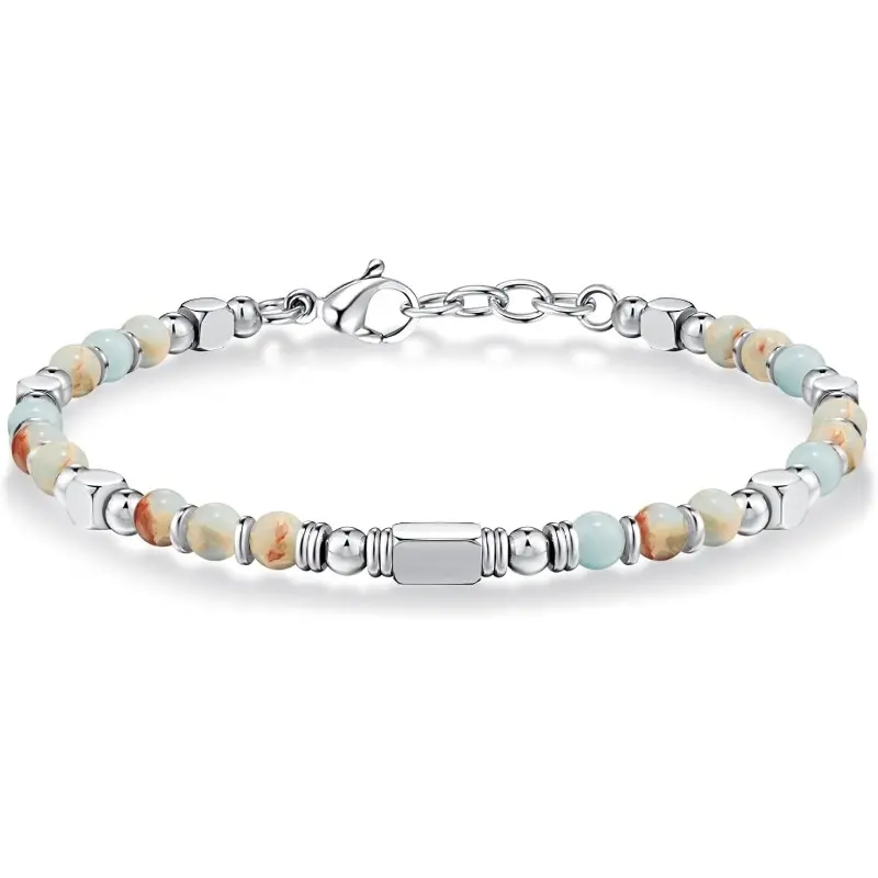 Bohemian Bracelet Set for Women, Natural Stone & Stainless Steel Beads, Adjustable Wristband in Silver Gold Tone, Valentine's Day Jewelry Gift, Valentines Day, Adjustable Wristband Bracelets & Bangles, Boho Style Bracelet, Gold Aesthetic