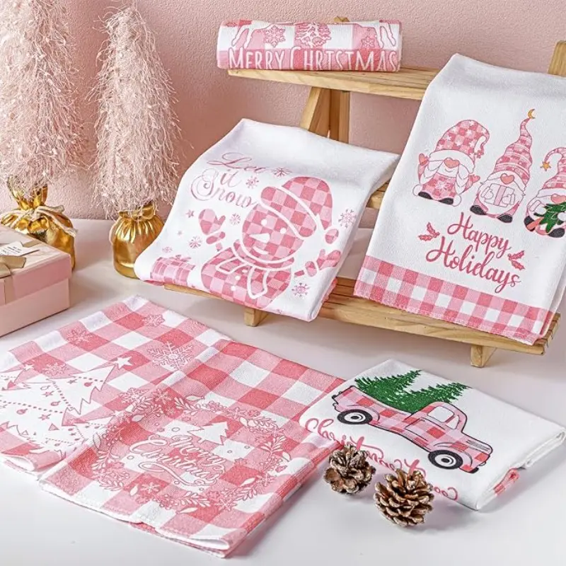 6 Piece Winter Kitchen Towel Set, Dwarf Truck Snowman Pattern, Absorbent Plaid Design, Bathroom Hand Towels, Farmhouse Style, Moving Gift