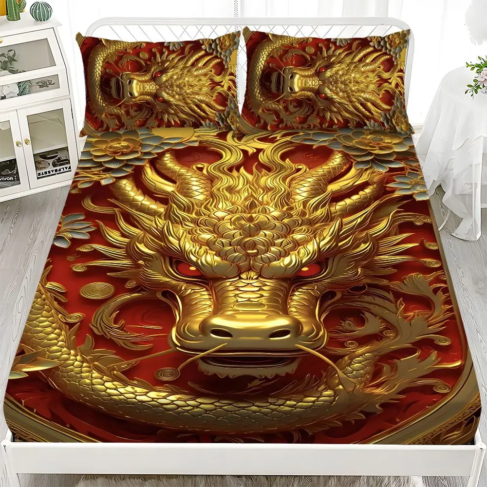 Fitted Sheet 3-Piece Set - 2D Flat Printed Gold and Red 3D Dragon Pattern Mattress Covers, Available in 10 Sizes (1 fitted sheet + 2 pillowcases, no insert). skin-friendly and breathable bedding, suitable for family bedrooms .