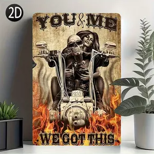 Large Vintage Motorcycle Couple Metal Tin Sign - 7.87x11.81 Inch Rustic Iron Wall Art with "You & Me We Got This" Design, Biker Couple on Motorcycle with Flames & Skulls - Easy Mou