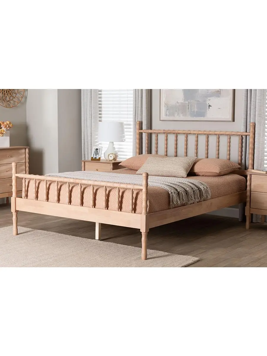 Baxton Studio 193271489527 Laurent Platform Bed - Spindle Bed Frame with Bamboo-Style Turned Posts, Cottage Farmhouse Bedroom Furniture, Beech Brown - Queen Size