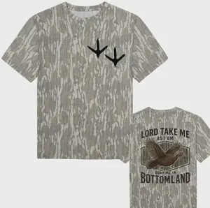 The "Lord Take Me As I Am" camouflage Camo Shirt with turkey and Mossy Oak Bottomland print is a street style item for men and women, made from premium cotton, perfect for couples