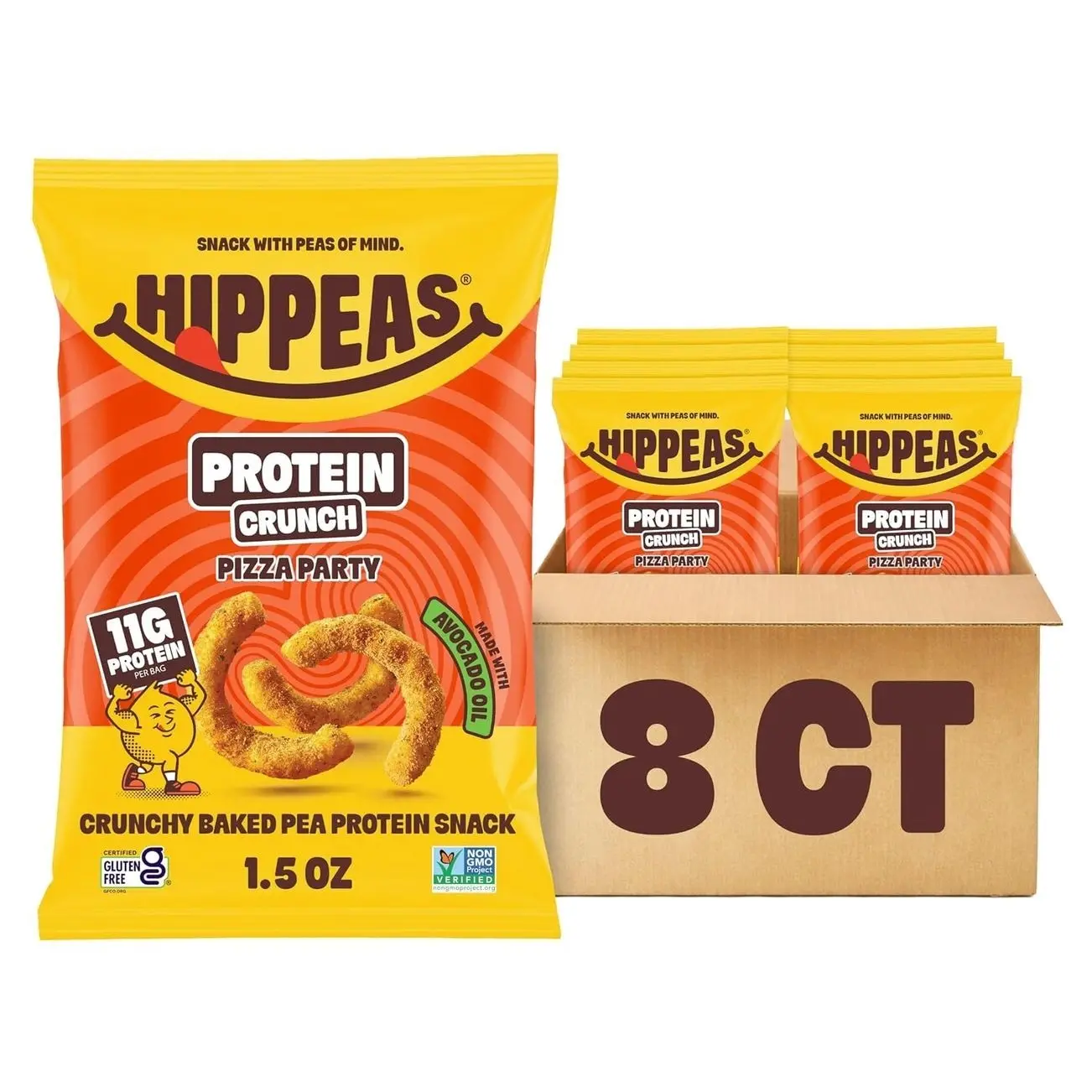 Hippeas Pizza Party Protein Puffs, 8 x 1.5 Oz Bags, Baked Crunchy Pea Puffs with 11g Plant Protein & Avocado Oil, Non-GMO, Kosher, Dairy & Gluten Free, Vegan Snacks, Savory Pizza Flavor