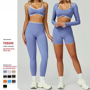 Cross-border seamless color-block yoga set with hollow back and high waist, outdoor running sports suit for women 9245