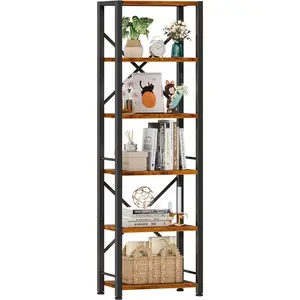 6 Tier Tall Bookshelf, Industrial Narrow Bookcase, Display Standing Shelf Units, Metal and  Storage Rack Organizer for Living Room, Home Office, Entryway, Kitchen, Rustic Brown