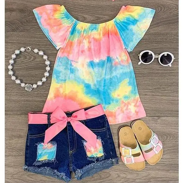 2Pcs Toddlers Summer Outfits, Colorful O-Neck Short Sleeves T-Shirt + Elastic Waist Shorts for Little Girls, 1-6 Years