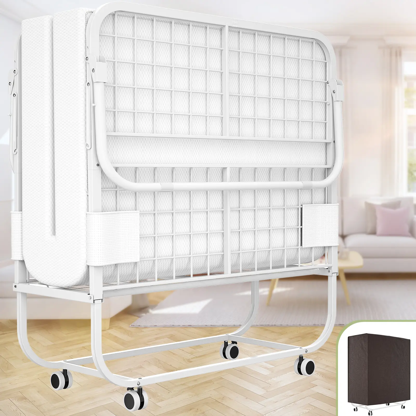 Cyclysio Compact Twin Folding Bed with 5" Memory Foam Mattress, 75"x38" Convenient Portable Rollaway Guest Bed for Adults, Easily Assembled Space-Saving Metal Frame, White