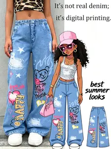 Girls Y2K Summer Digital Print Denim Jeans, High Waist Wide Leg Loose Graffiti Star Design, Casual Street Style Trousers for Teens
