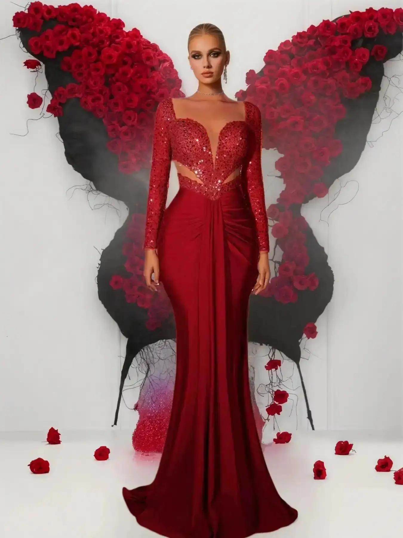 Elegant Women's Evening Gown Dress, Beaded Sequins Design, Long Sleeves, Slim Fit, High Waist Party Prom Dress, Luxury Style Formal Wear