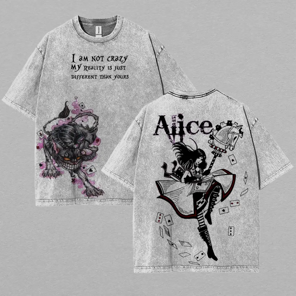 Alice in Wonderland Gothic Graphic T-Shirt | Vintage Grey Acid Wash Oversized Tee - Cheshire Cat & Alice Design, Edgy Streetwear for Men & Women, Premium Heavyweight Cotton Fan Gift