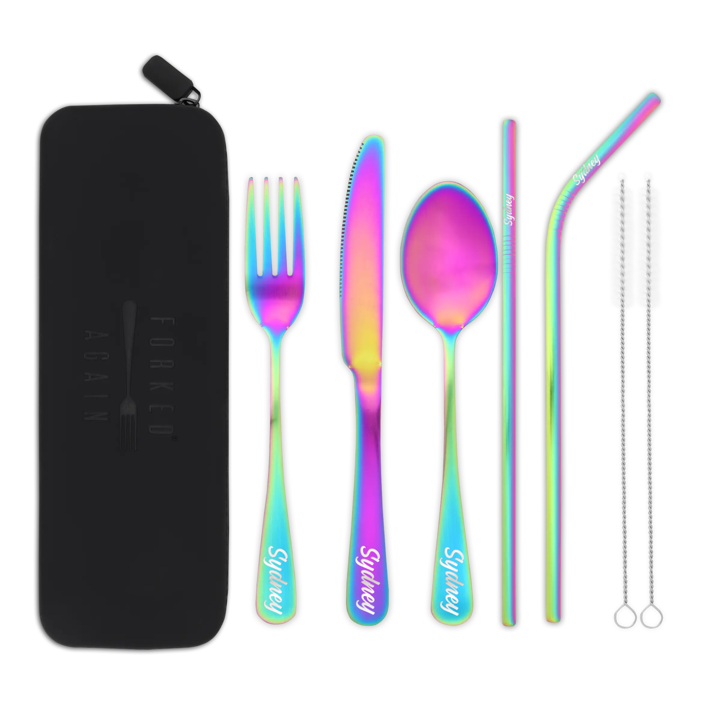 Forked Again Engraved Travel Cutlery Set in a Washable Food Safe Silicone Zipper Pouch, Includes Personalized Fork, Knife Spoon and Straws