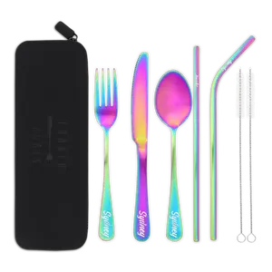 Forked Again Engraved Travel Cutlery Set in a Washable Food Safe Silicone Zipper Pouch, Includes Personalized Fork, Knife Spoon and Straws