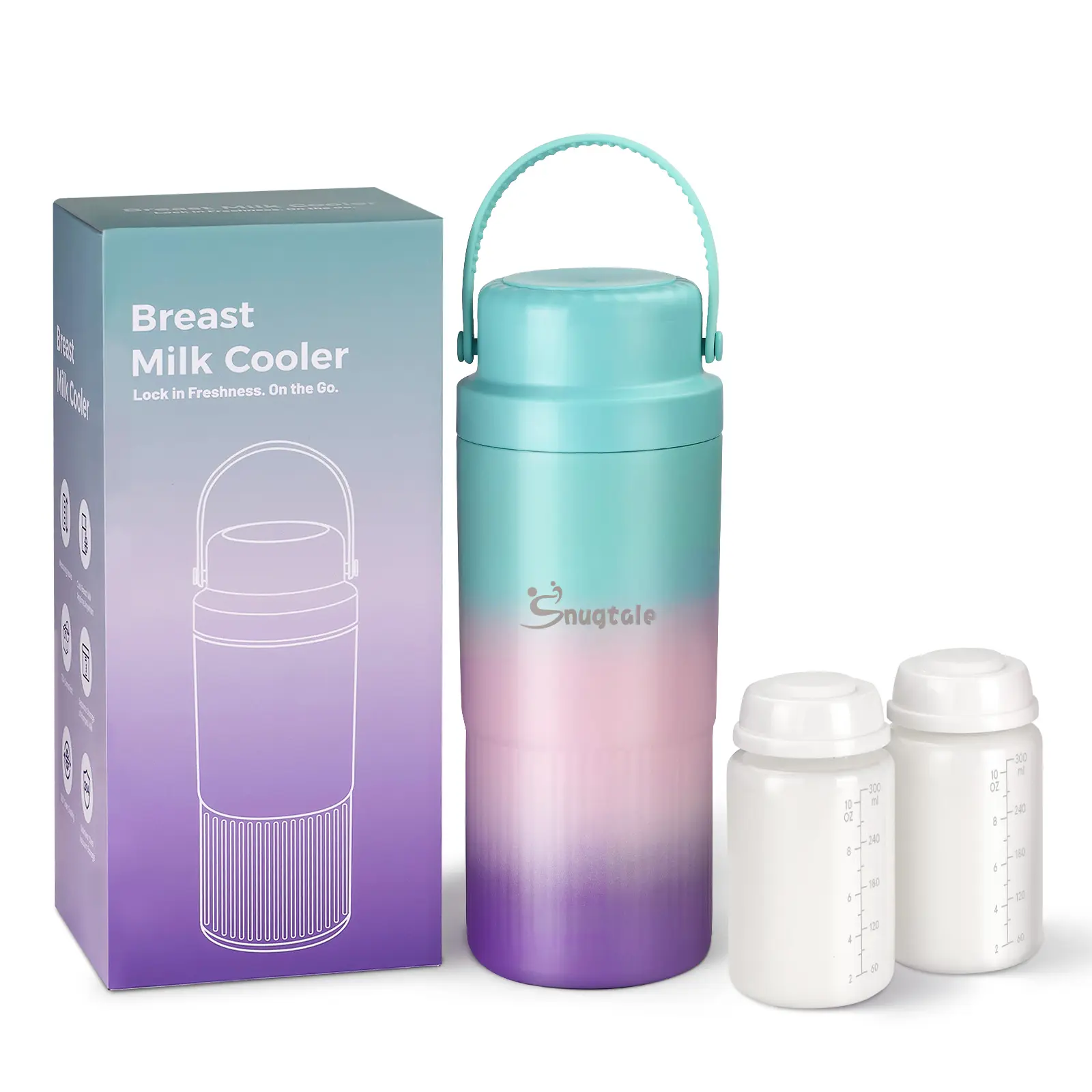 Snugtale Breast Milk Cooler Bottle Portable 22oz Fully Insulated Thermal Cooling for 24+ Hours With 2 * 300ML BPA-Free Bottles for Travel & Outdoors Breastmilk Cooler