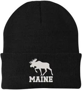 Maine Moose Embroidered Beanie Cap | USA Wildlife Graphic Warm Winter Knit 100% Acrylic Outdoor Adventure Hat