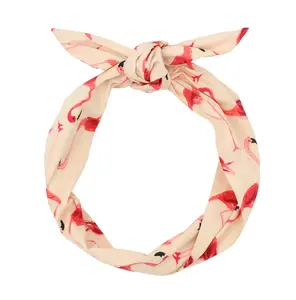 JuneStudioDesign Extra Long Wide Wired Cotton Pattern Headband|Tie Knot|Twisted|Fabric|Dolly Bow|Turban|Hair Bun|Ponytail Scarf|Braid Scarf|Hair Wrap|Vintage|Art Retro|Pink|Flamingo