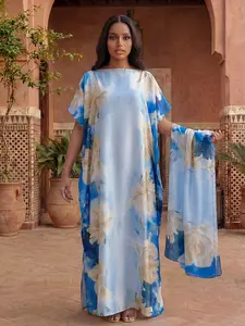 Women's All-Over Printed Long Robe Set, Casual Beachwear Swimwear Coverups Sun Protection Satin Scarf & Headband, Perfect for All Seasons