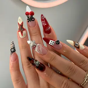 Cherry Dice Mix-Match Press-On Nails, Red Nude Almond Tips with 3D Cherries, Dice & Star Accents, Leopard and Graphic Details, Playful Y2K Handmade Nail Art, Statement Fashion Nails for Parties & Photos