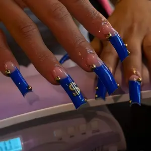 20pcs Luxury Blue Curved Nail Tips, Dollar Sign & Gold Bead Design, Glossy Gel False Nails, Reusable for Parties, Free Jelly Glue & File
