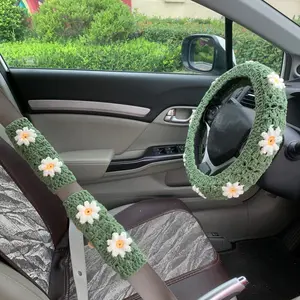 Crochet Set Light Green Puff Steering Wheel & Seat Belt Cover, Christmas, gifts