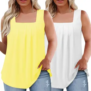 2 Pack Womens Square Neck Pleated Tank Tops Loose Fit Sleeveless Summer Tunic Tops Plus Size S to 3XL