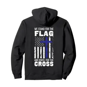 Men's Long Sleeve Casual Pullover Hoodie Tops - "We Stand For The Flag And Kneel For The Cross" Back Print, Fashionable Cut, Front Pouch Pocket, Warm Breathable Fabric, Everyday Wear Sweatshirts