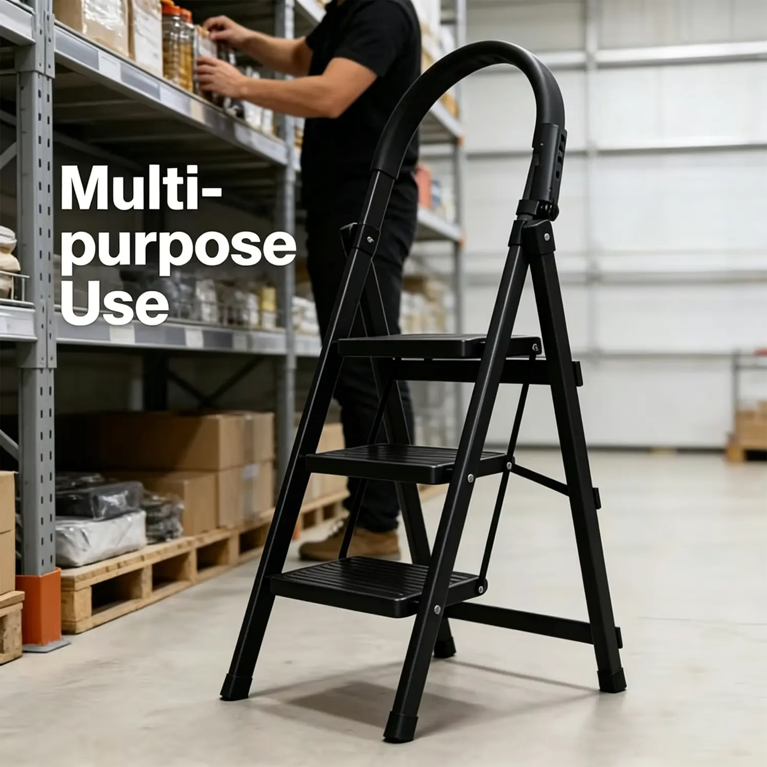 3-step folding ladder heavy-duty multifunctional thickened steps, portable compact storage design, durable metal structure, suitable for family garage workspaces, foldable indoor universal ladder, sturdy pedals