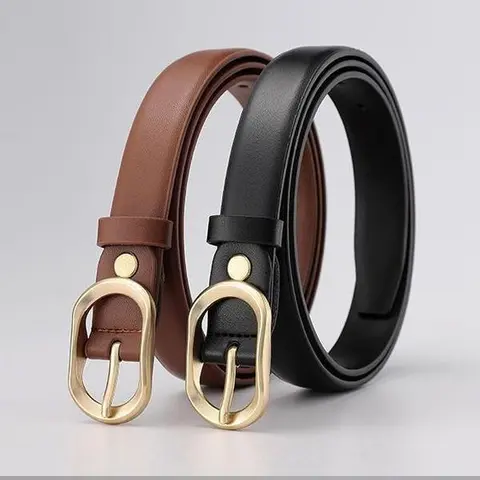 Women’s PU Leather Skinny Belt with Gold Alloy Buckle, 41 Inch Adjustable Waist Belt, Slim Fashion Belt for Jeans, Pants, Dresses, Casual & Dressy Outfits, Black/Brown
