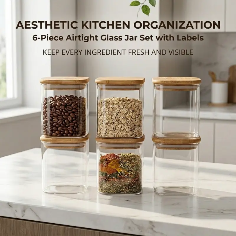 6-Piece Airtight Glass Storage Jars with Bamboo Lids, Leakproof Airtight Containers, Square Canisters with Waterproof Labels, Moisture-Proof Containers for Dry Goods, Spices, Stackable for Kitchen Organization, Kitchen Storage Set