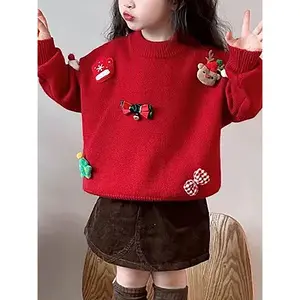 Girls' Christmas Sweater Dress with Brooch Collar - Loose Fit Sweet Winter Jumper, Hand Washable Sweaters for Girls & (Christmas Party Outfit)
