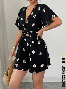 Floral Waist Cutout Jumpsuit Shorts, V Neck, Short Sleeve, Casual Summer Style, Loose-Fitting, X Type Silhouette