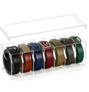 7 Compartments Clear Acrylic Belt Organizer with Lid, Belt Storage Holder Display Case for Closet Drawer, Can Also Store Watch, Jewelry and Socks