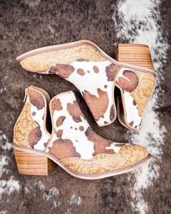 Women's Tan Cow Print Bootie - Very G Floral Footwear with Block Heel Shoe