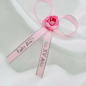 Personalized Quinceañera & Baptism Ribbons - Blue Customized Event Decorations with White Rose Accent for Special Celebrations