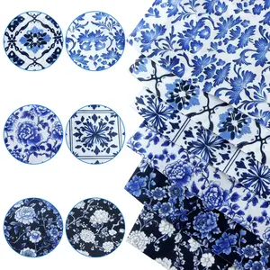 6-Piece Blue and Porcelain Pattern Fabric, Handmade Home Decor DIY Sewing Patchwork Material, 7.8"x7.8"(20x20cm), Plain Weave