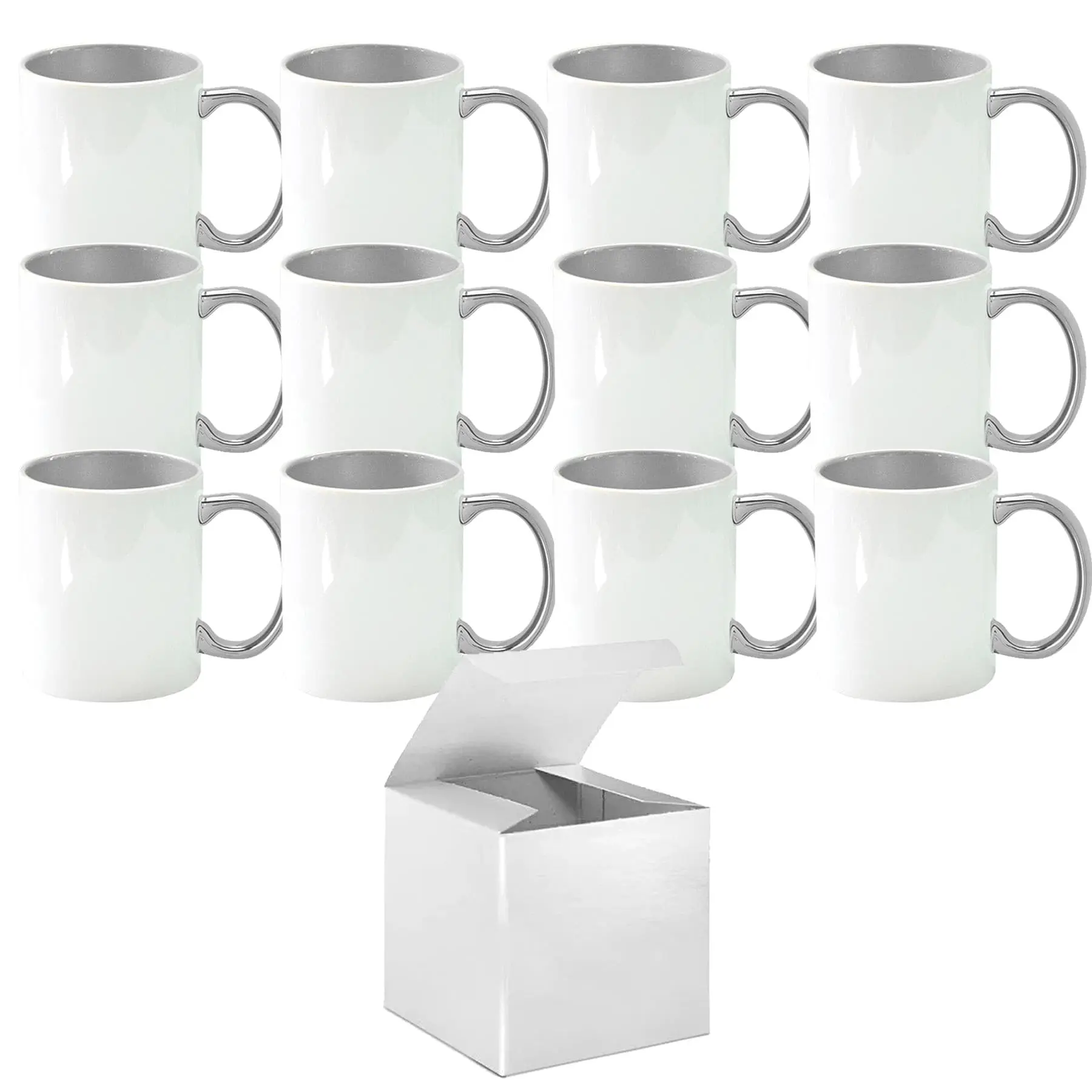 12-Pack of 11 oz. Silver Inner & Handle Sublimation Mugs - Includes White Gift Boxes